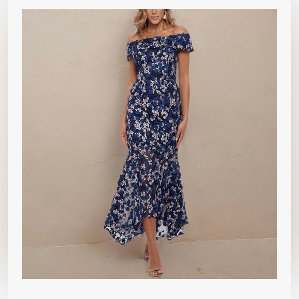 Xscape Raised flower off the shoulder midi dress- size 12 - Picture 2 of 8